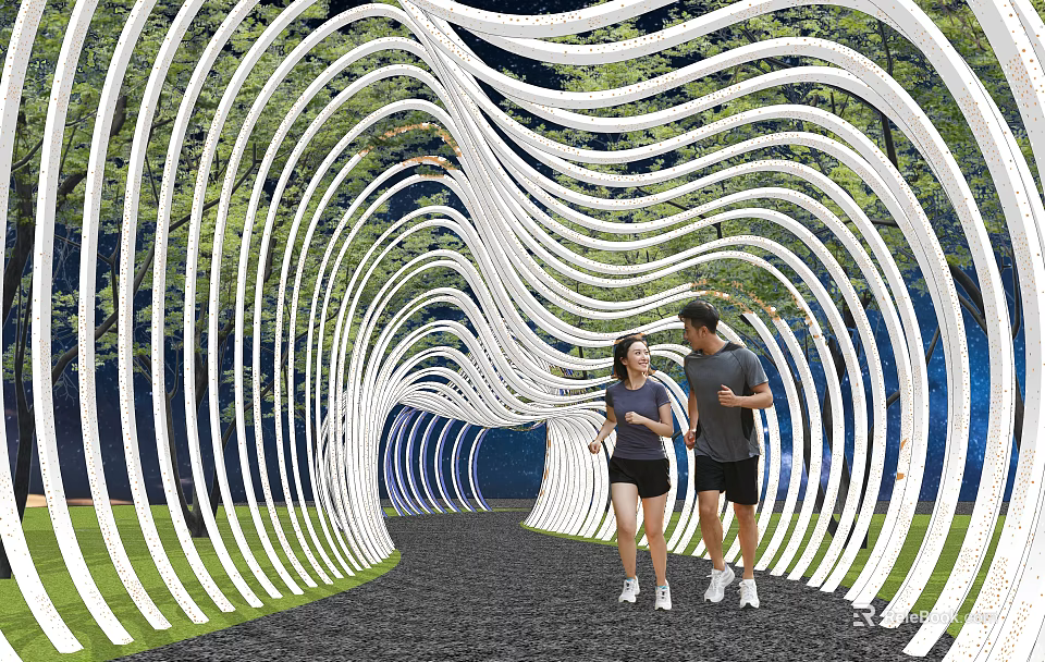 Scenic Garden Landscape with White Wavy Archway People Jogging on Path Surrounded by Green Trees 3d model 