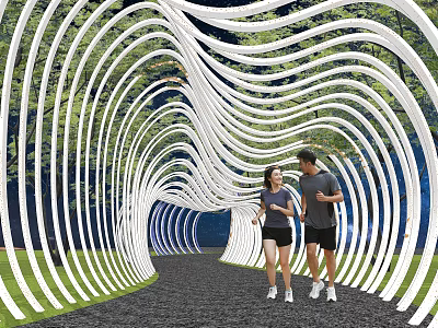 Scenic Garden Landscape with White Wavy Archway People Jogging on Path Surrounded by Green Trees 3d model
