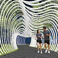 Scenic Garden Landscape with White Wavy Archway People Jogging on Path Surrounded by Green Trees