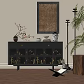 Modern Entryway Console Cabinet With Black Finish Gold Accents Vases Plates Wall Art And Plants