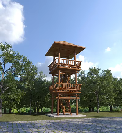 Wooden Two Story Tower With Balconies Amid Green Trees And Blue Sky 3d model