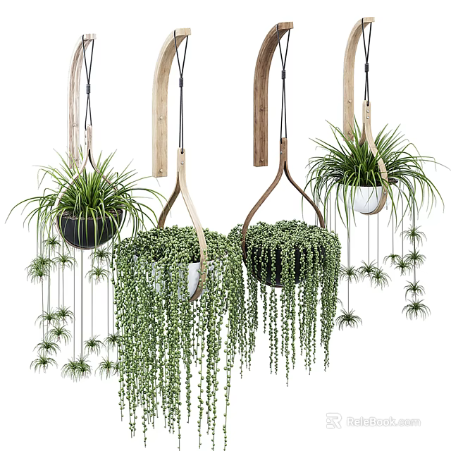 Indoor Hanging Basket Plants With Wooden Metal Planters And Trailing Vines 3d model 