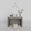 Modern Dressing Table With Round Mirror Marble Countertop Stool And Potted Plant 3d model
