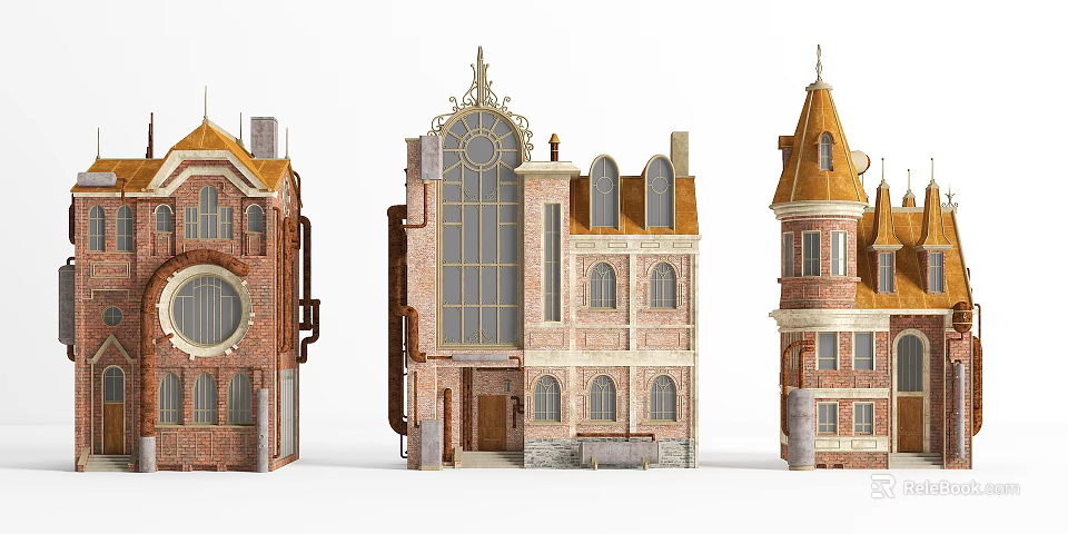 European Architecture Featuring Red Brick Facade Arched Windows And Ornate Spire 3d model 
