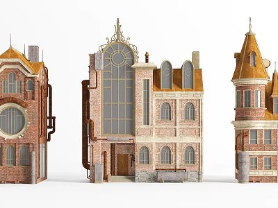 European Architecture Featuring Red Brick Facade Arched Windows And Ornate Spire 3d model