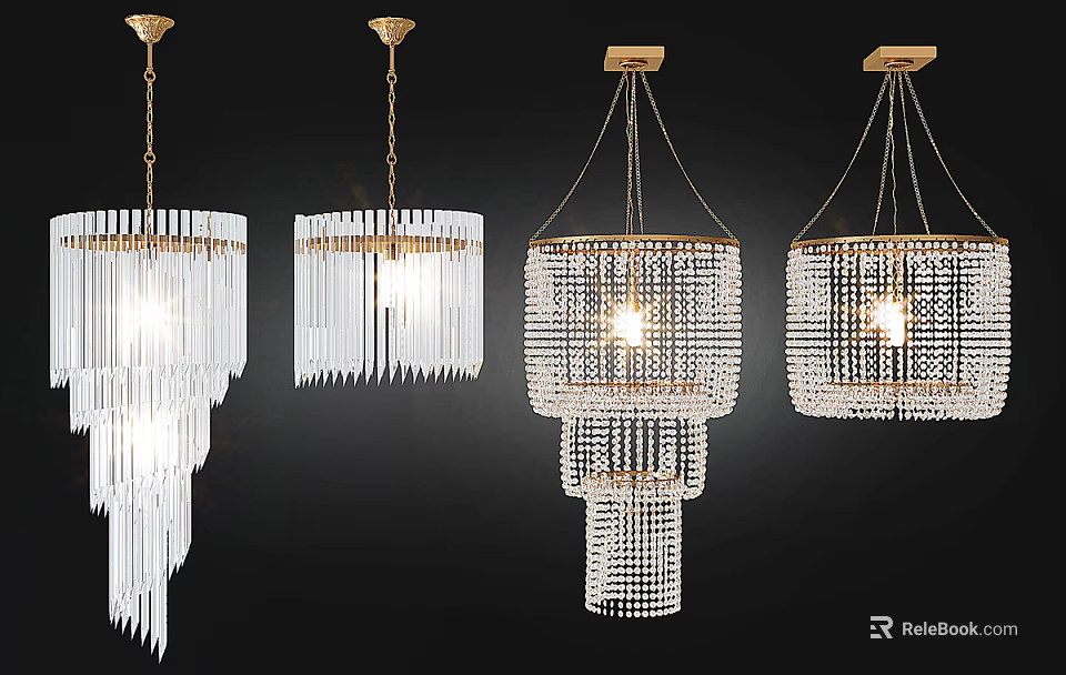Elegant Hanging Crystal Chandeliers With Gold Chains And Sparkling Strands 3d model 
