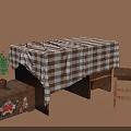 Rustic Dining Table With Checkered Tablecloth Wooden Chair Floral Chest And Small Plant