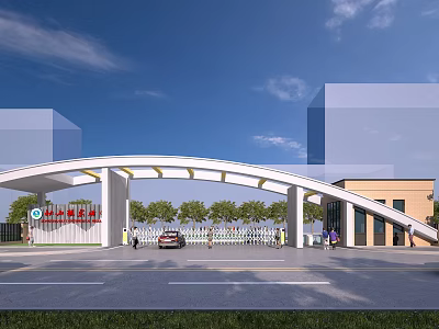 Modern Arched Entrance Gate Design With Surrounding Buildings Car And Pedestrians 3d model