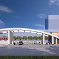 Modern Arched Entrance Gate Design With Surrounding Buildings Car And Pedestrians