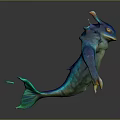 3D Rendering of Mythical Aquatic Creature With Blue Green Skin Spikes Fins and Yellow Eyes