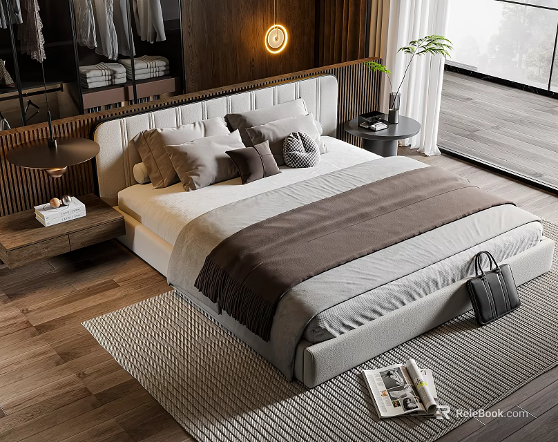 Modern Double Bed Bedroom Interior With Upholstered Headboard Neutral Pillows And Wooden Floor 3d model 