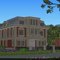 European Style Detached Villa With Red Brick Walls Blue Roof Green Plants And Flowers
