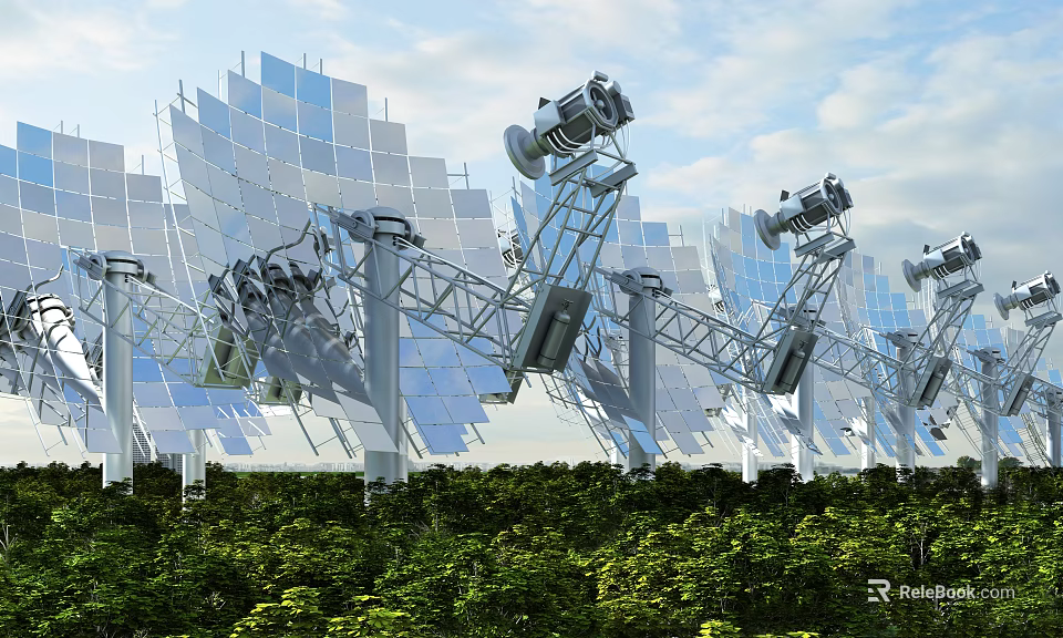 Large Solar Reflector Panels Mounted On Metal Support Structures With Green Vegetation And Blue Sky 3d model 
