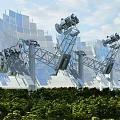 Large Solar Reflector Panels Mounted On Metal Support Structures With Green Vegetation And Blue Sky