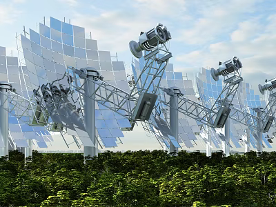 Large Solar Reflector Panels Mounted On Metal Support Structures With Green Vegetation And Blue Sky 3d model