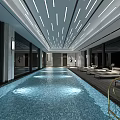 Modern Elevator Hallway With Linear Ceiling Lights Wooden Flooring And Large Windows Design 3d model