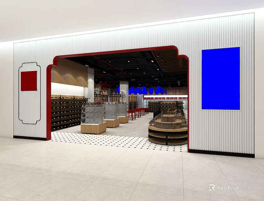 Modern Specialty Store Interior Design With Wooden Shelves And Display Counters 3d model 