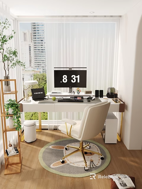 Modern Desk Setup With Computer Monitor Laptop Green Plants And City View Window 3d model 