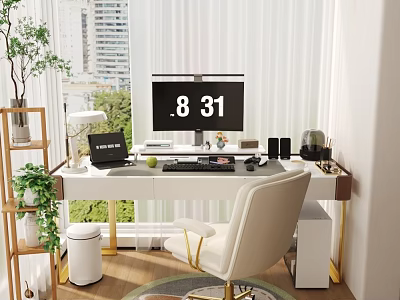Modern Desk Setup With Computer Monitor Laptop Green Plants And City View Window 3d model