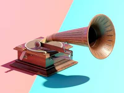 Vintage Wooden Phonograph With Horn Speaker And Turntable On Colorful Background 3d model
