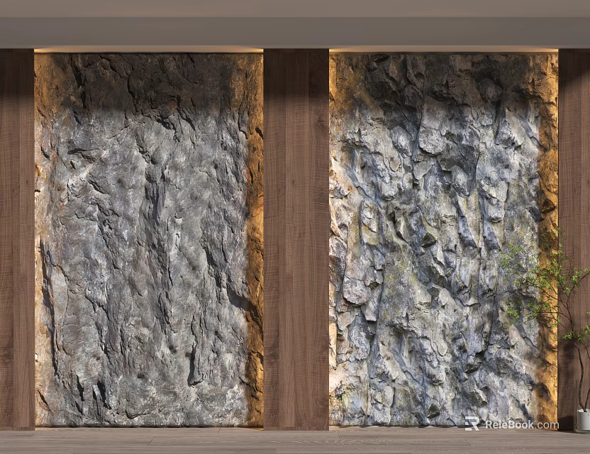Natural Rock Texture Background Wall With Wooden Border And Small Green Plant 3d model 