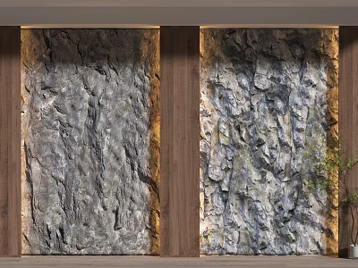 Natural Rock Texture Background Wall With Wooden Border And Small Green Plant 3d model
