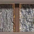 Natural Rock Texture Background Wall With Wooden Border And Small Green Plant