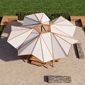 Wooden Pavilion With White Canopy Green Lawn And Surrounding Bushes On Wooden Deck