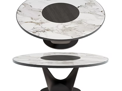 Modern Round Dining Table With White Marble Top Central Dark Circle And Black Base Design 3d model