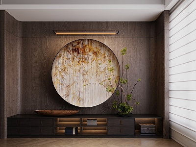 Decorative Painting Art Hanging Painting High-grade Round Hanging Painting Wall Decoration Pendant Bamboo Potted Plant Chinese Style Floor Cabinet 3d model