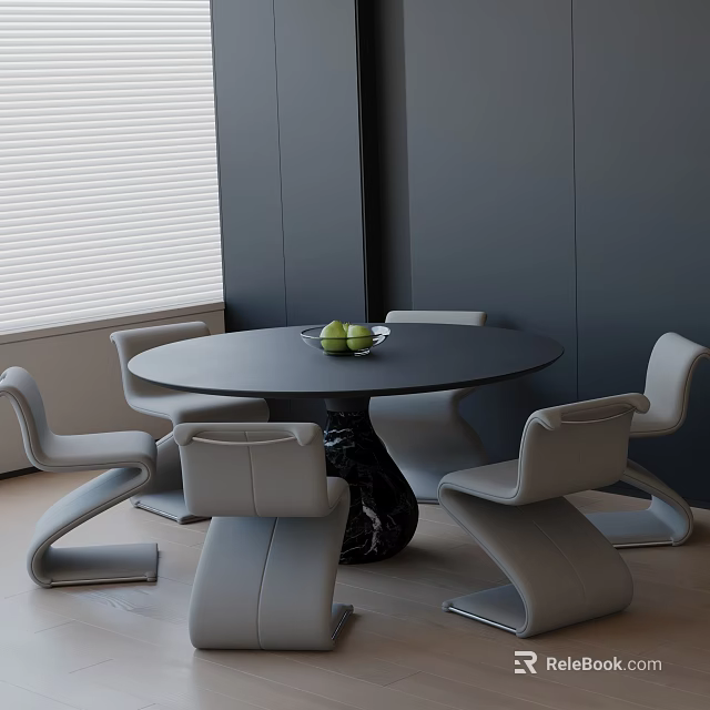 Modern Round Dining Table Set With Black Top Marble Base And Gray Chairs 3d model 