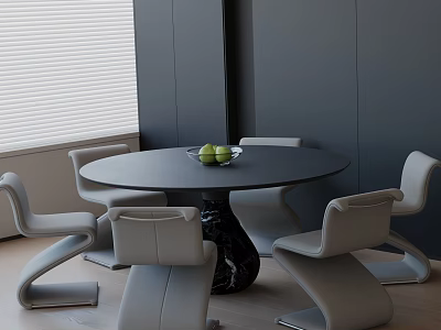 Modern Round Dining Table Set With Black Top Marble Base And Gray Chairs 3d model