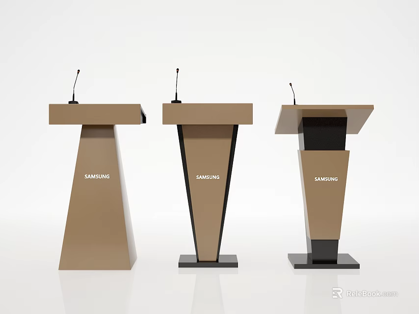 Three Stylish HAMAN Podiums With Microphones And Brown Black Design 3d model 