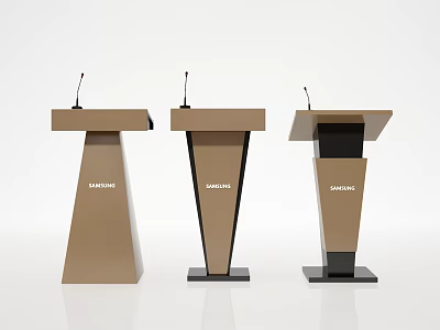 Three Stylish HAMAN Podiums With Microphones And Brown Black Design 3d model