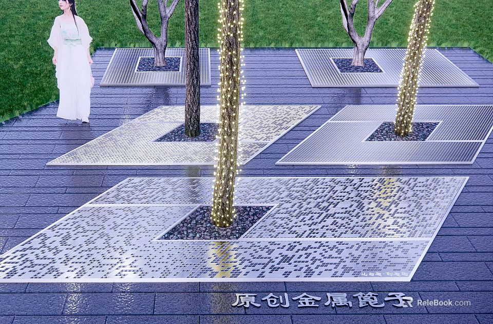 Modern Garden Decor With Metal Flower Beds Trees Grass and Decorative Pavement 3d model 