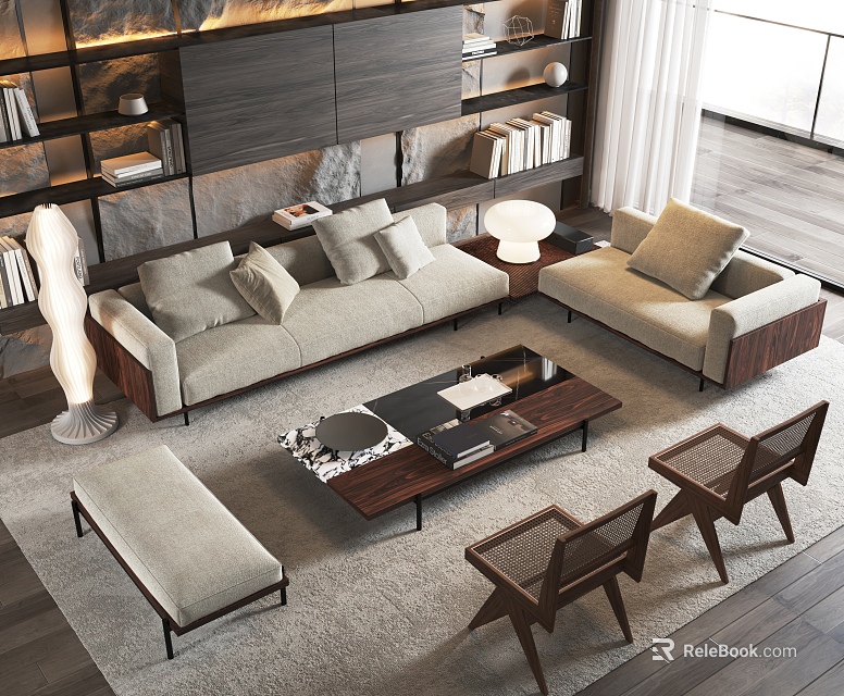 Modern Living Room Sofa Coffee Table Combination With Armchairs Bench And Floor Lamp 3d model 