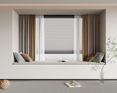 Modern Bay Window Design With Window Seat Pillows Curtains Blinds And Potted Plant 3d model
