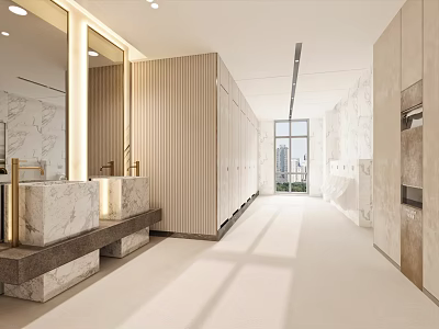 Modern Public Restroom Interior With Marble Sinks Wooden Partitions Mirrors And Natural Light From Window 3d model