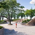 Scenic Park Landscape With Green Trees Walking Path Benches Pedestrians And Vendor Cart