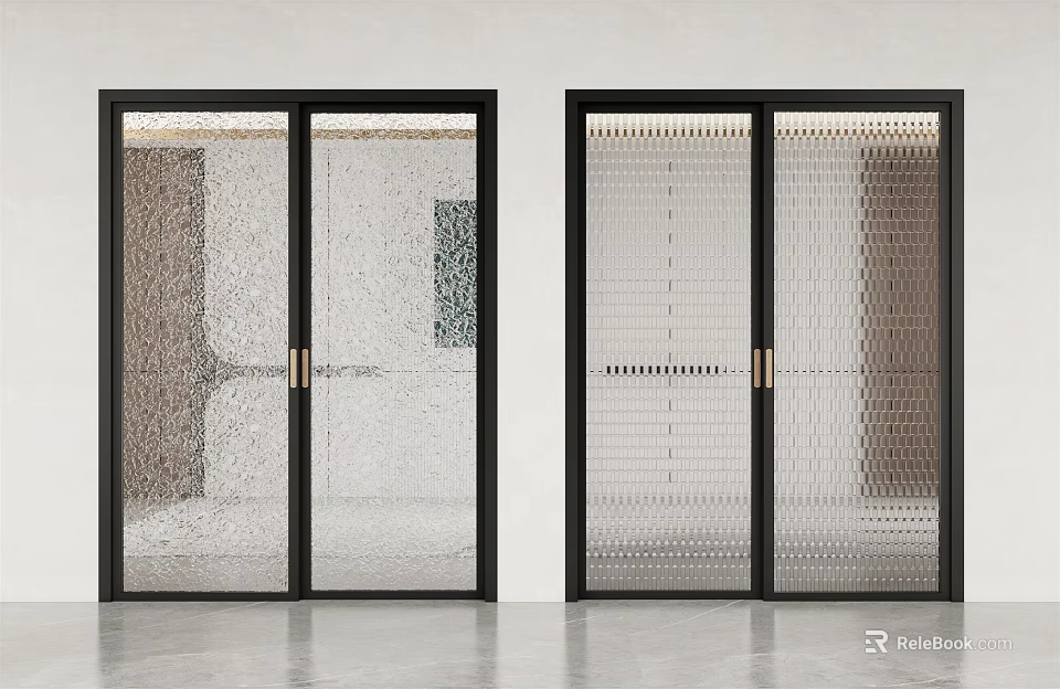 Modern Black Frame Sliding Doors With Textured Glass For Interior Design 3d model 