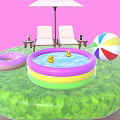 Outdoor Green Platform Setup With Lounge Chairs Umbrella Beach Ball Donut Float And Inflatable Pool
