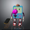 Playful Electronic Device with Blue Body Pink Joystick Buttons White Gloves Red White Sneakers Skateboard