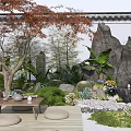 Lush Courtyard Garden with Red Maple Tree Bamboo Rockery Waterfall Stone Table and Green Plants