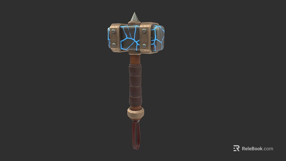 Fantasy Magical Hammer With Square Head Blue Glowing Cracks And Brown Leather Handle 3d model 