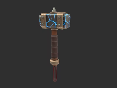 Fantasy Magical Hammer With Square Head Blue Glowing Cracks And Brown Leather Handle 3d model