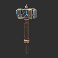 Fantasy Magical Hammer With Square Head Blue Glowing Cracks And Brown Leather Handle