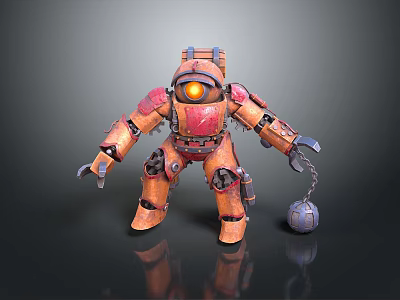 Game Movie Robot Character With Orange Red Armor Yellow Headlight Mechanical Arms Chain Metal Ball 3d model