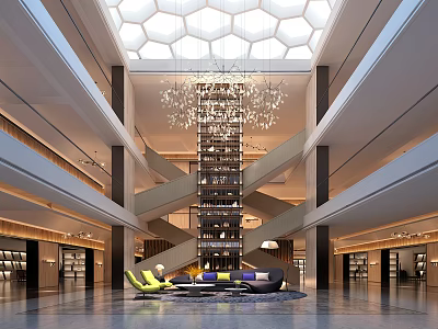 Modern Luxury Lobby Interior With Geometric Skylight Chandelier Staircase And Sofa Area 3d model