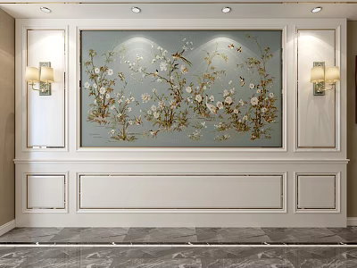 Elegant Sofa Background Wall With Floral Painting White Simple Line Design And Side Wall Lamps 3d model