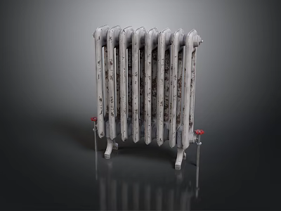 Vintage White Radiator With Rustic Design And Red Valves For Home Heating 3d model